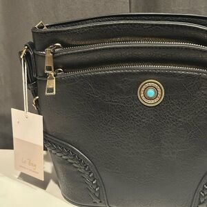 Black Crossbody Bag with Gold and Faux Turquoise Accents